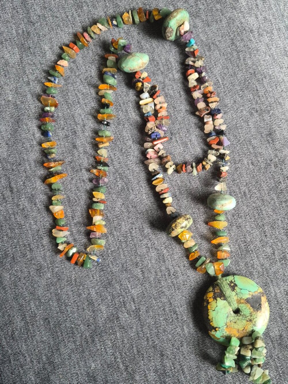 VGT Tribal Boho Necklace colorful Chip bead focal stones &Large Circular Pendant